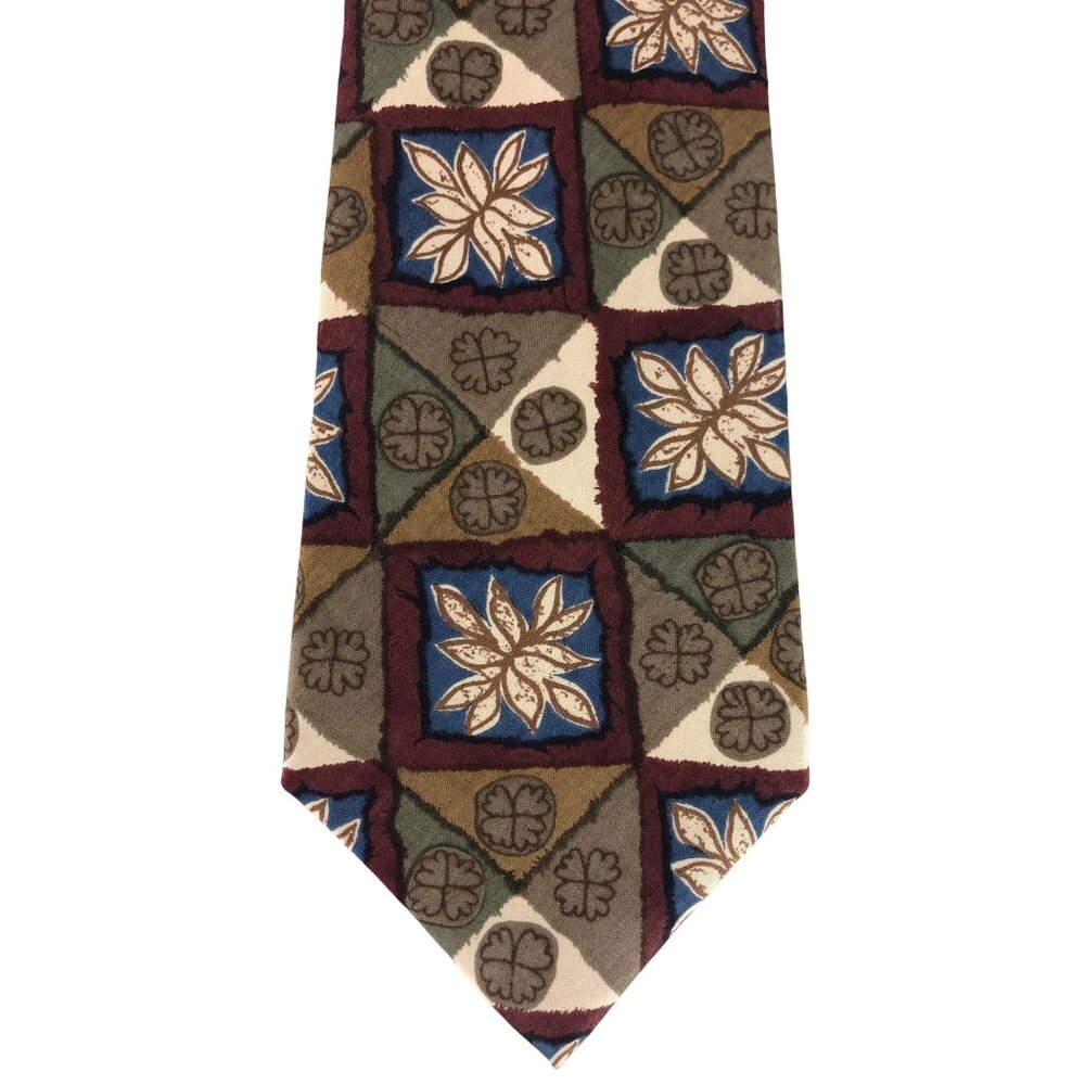 Bass 100% Silk Mens Tie Necktie Multicolor Nature Theme Browns & Blues Vintage